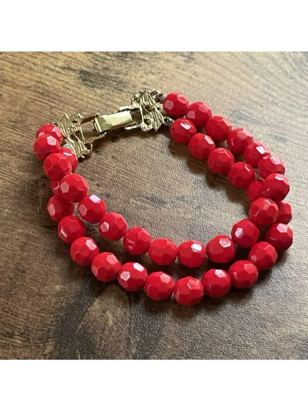 Vintage Red Beaded Double Strand Bracelet Faceted Glass Gold Tone Leaf Clasp
